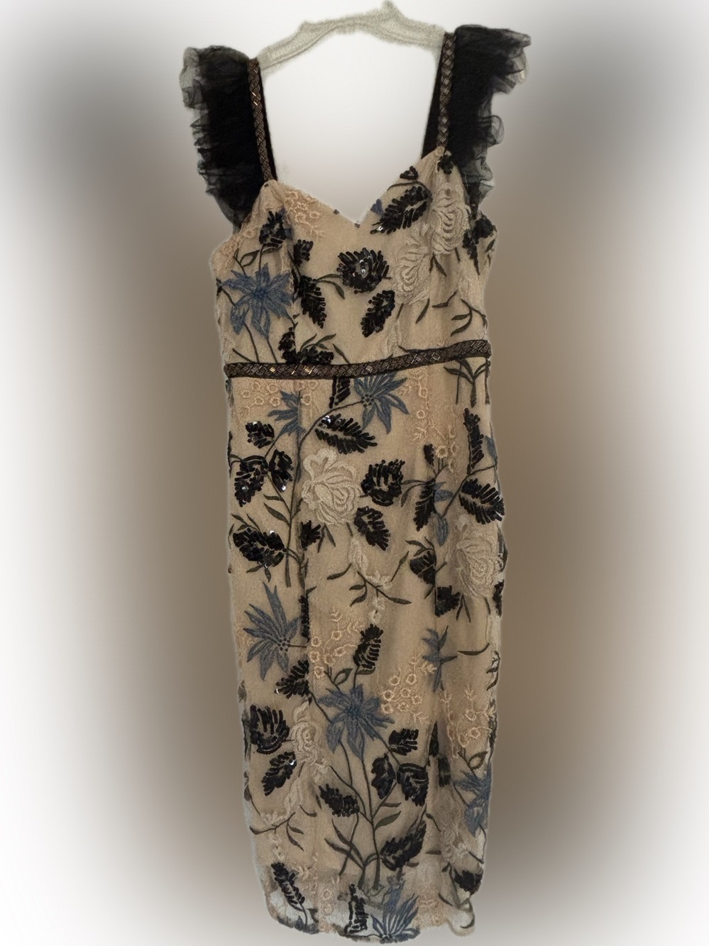 Lulus Embroidered Floral Sequin Tulle Ruffle Midi Dress M